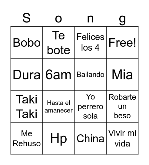 music Bingo Card