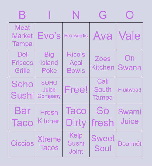 Healthy Restaurants in Tampa Bingo Card