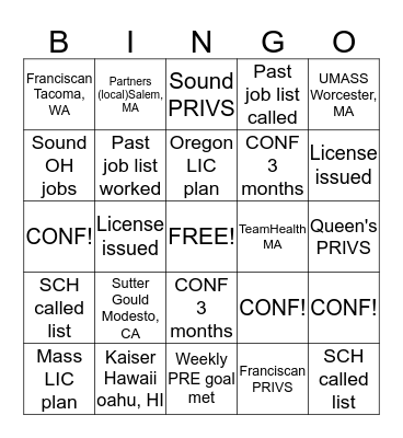 Hospitalist Bingo Card