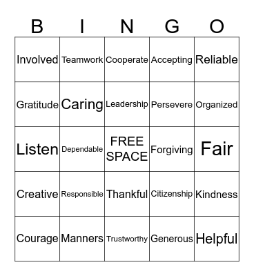 Character Trait Bingo Card