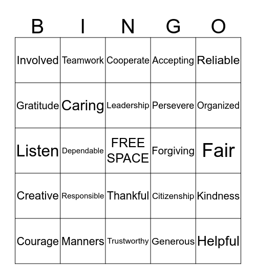 Character Trait Bingo Card