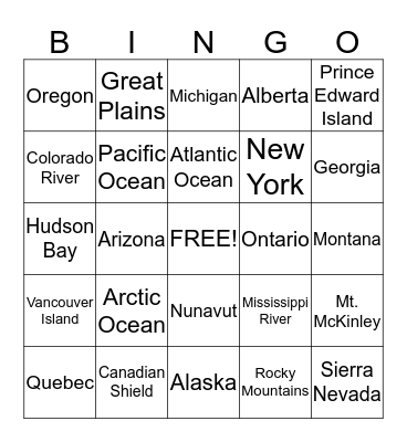 United States and Canada Geography Bingo Card