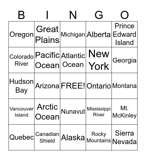 United States and Canada Geography Bingo Card