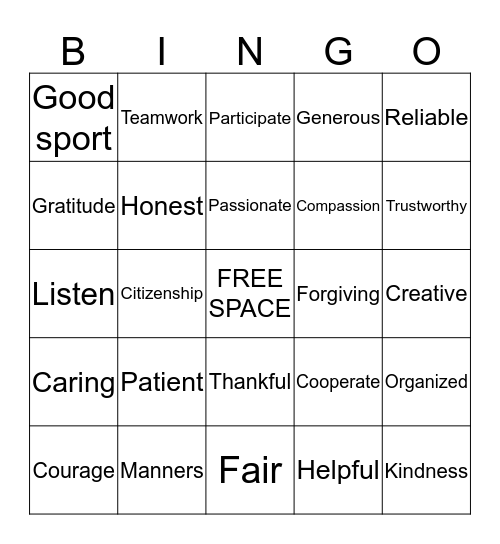 Character Trait Bingo Card