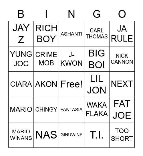 Throwbacks 00-10 Bingo Card