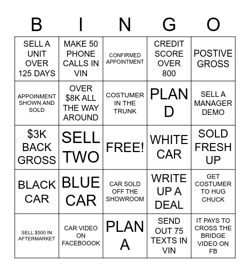 CAR SALES BINGO Card