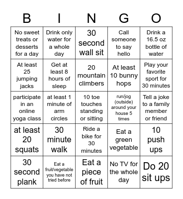 SPECIAL OLYMPICS FITNESS BINGO Card