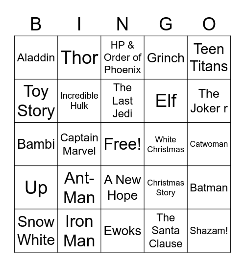 Movie Bingo Card