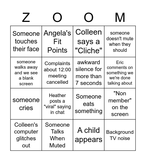 WW Zoom Meetings Bingo Card