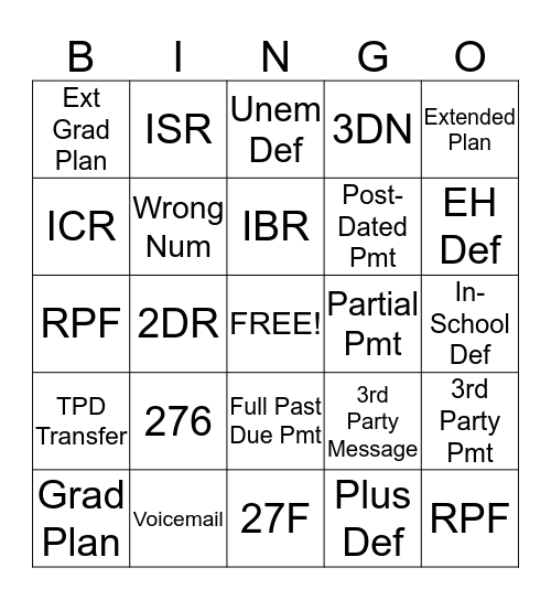 Outbound Bingo Card