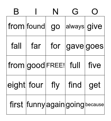 Sight Words Set 4 Bingo Card
