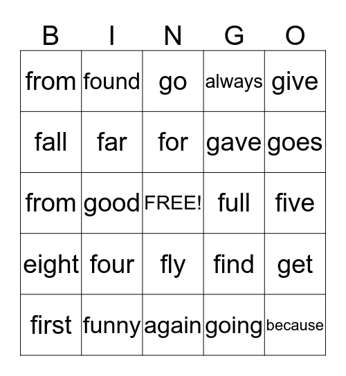 Sight Words Set 4 Bingo Card