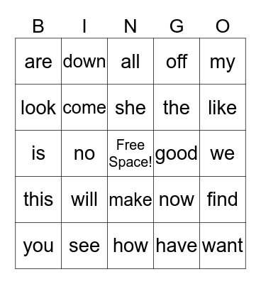 Sight Word Bingo Card
