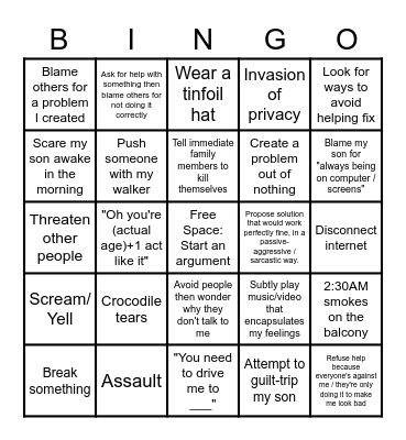 Nick's Mom Bingo Card