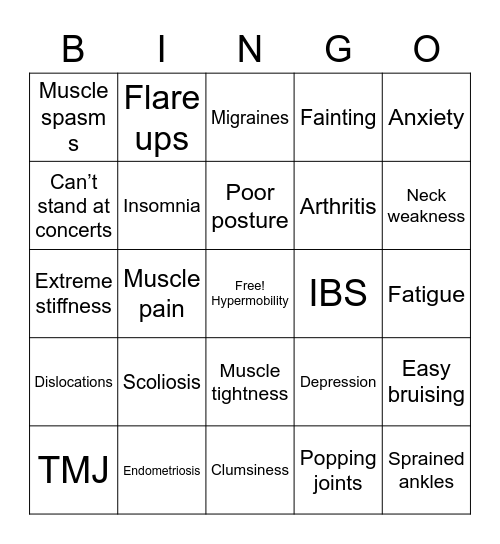 Hypermobile EDS Bingo Card