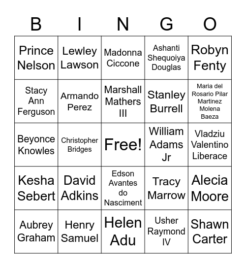 Mononymous Celebs Bingo Card