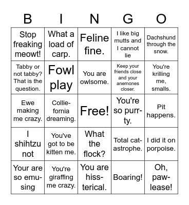 Animal Puns Bingo Card