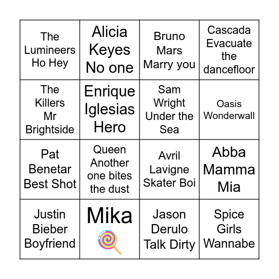 Guess the Song Bingo Card