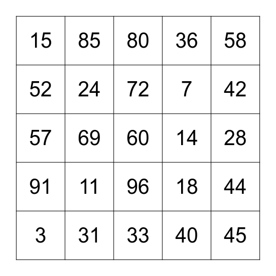 Numbers BINGO Card