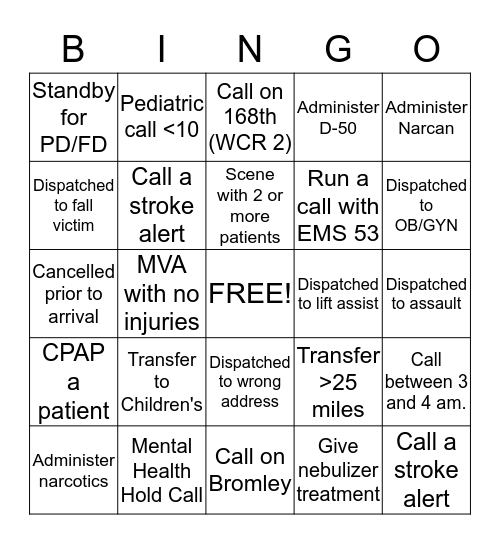 EMS Bingo Card