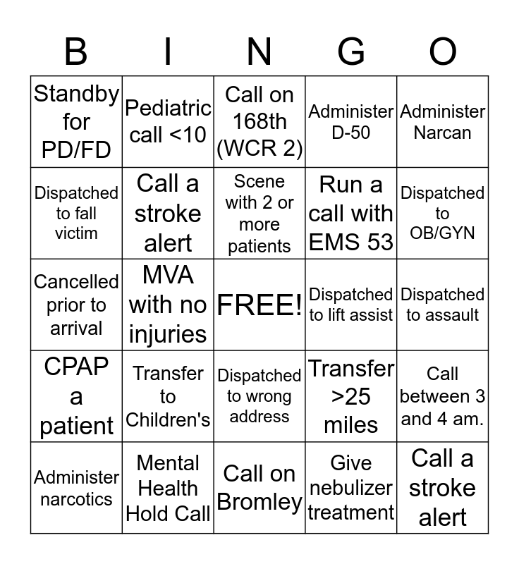 EMS Bingo Card