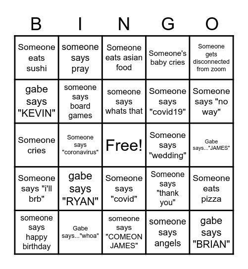 Gabe Bachelor Party Bingo Card