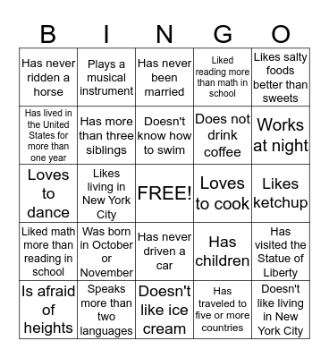 Classmate Bingo Card