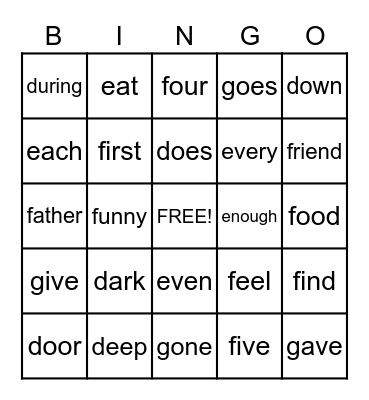 Caden's Gimore Sight Words Bingo Card