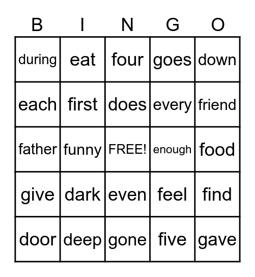 Caden's Gimore Sight Words Bingo Card