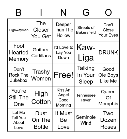 Old Country Music Bingo Card