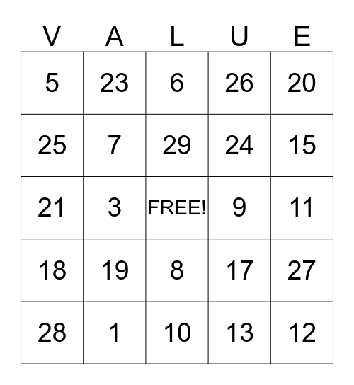 Purpose & Value  Bingo Card