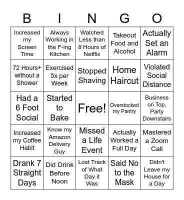Quarantine Bingo for Adults Bingo Card