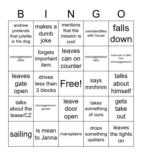 Andrew Bingo Card