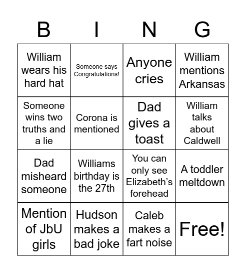 Williams Virtual Graduation Bingo Card