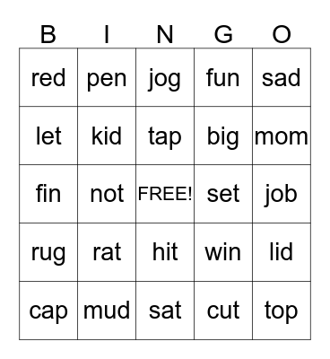 CVC Words Bingo Card