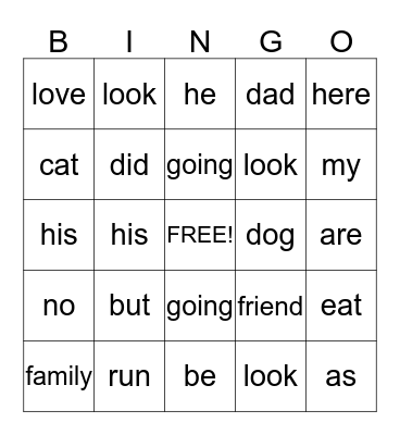 SIGHT WORDS Bingo Card