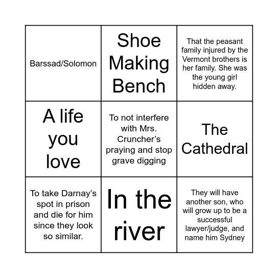 Tale of Two Cities Bingo Card