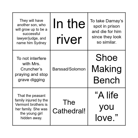 Tale of Two Cities Bingo Card