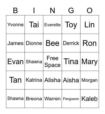 Ferguson Family Bingo Card