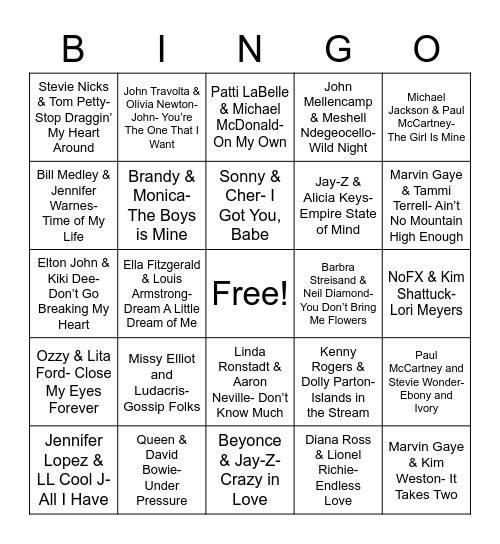 Total-Quiz.com Presents Radio Bingo: Duets Bingo Card