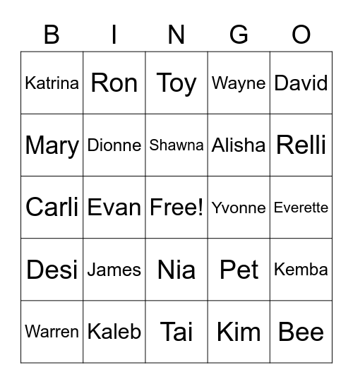 Ferguson Family Bingo Card