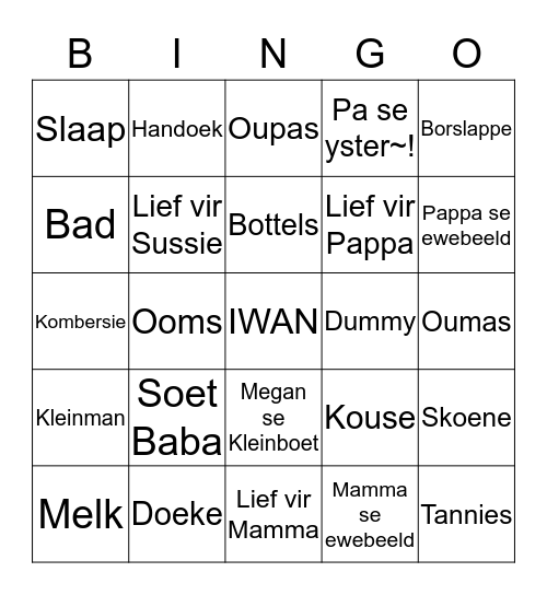 Cindy se Ooievaar Bingo Card