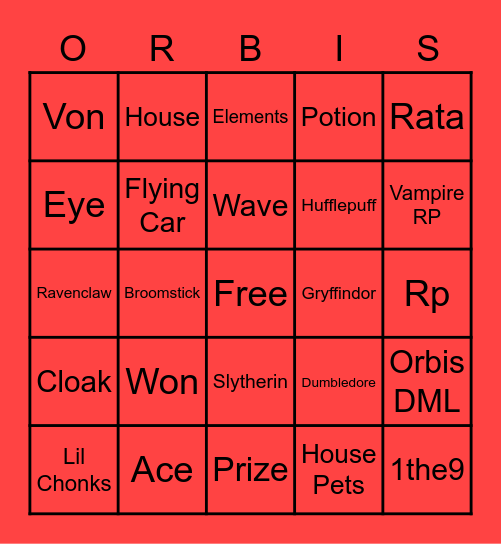 House of Orbis HP Bingo Card