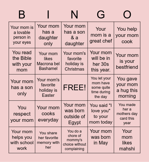 Mother's Day 2020 Bingo Card