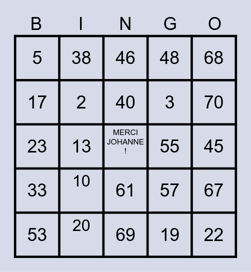 BINGO AVEC JOHANNE Bingo Card