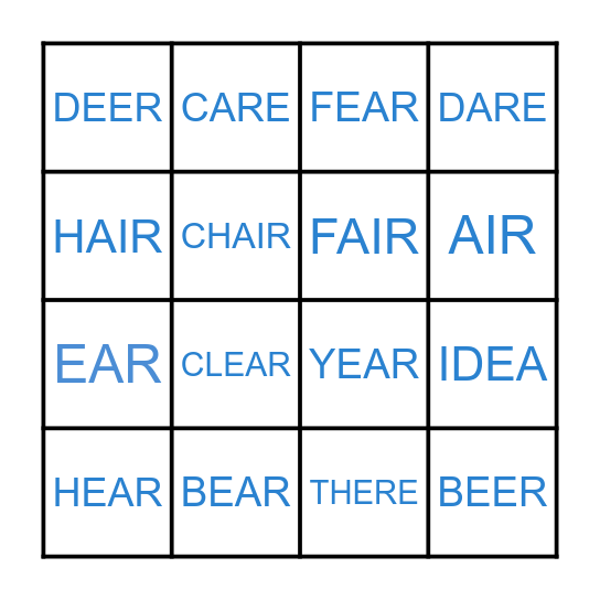 Listen to the words. Circle what you hear. Bingo Card