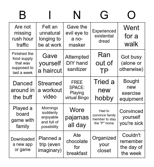 Quarantine Bingo Card