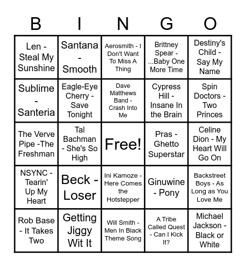 90's Smash Hits Bingo Card