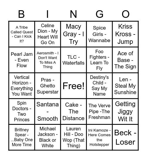 90's Smash Hits Bingo Card