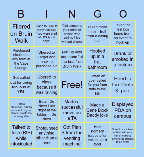 Bruin Baddie Bingo Card